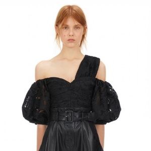 Self Portrait Black Asymmetric Leaf Guipure Top - US 6